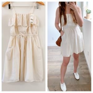 Cream Beige chiffon lace pocket dress
